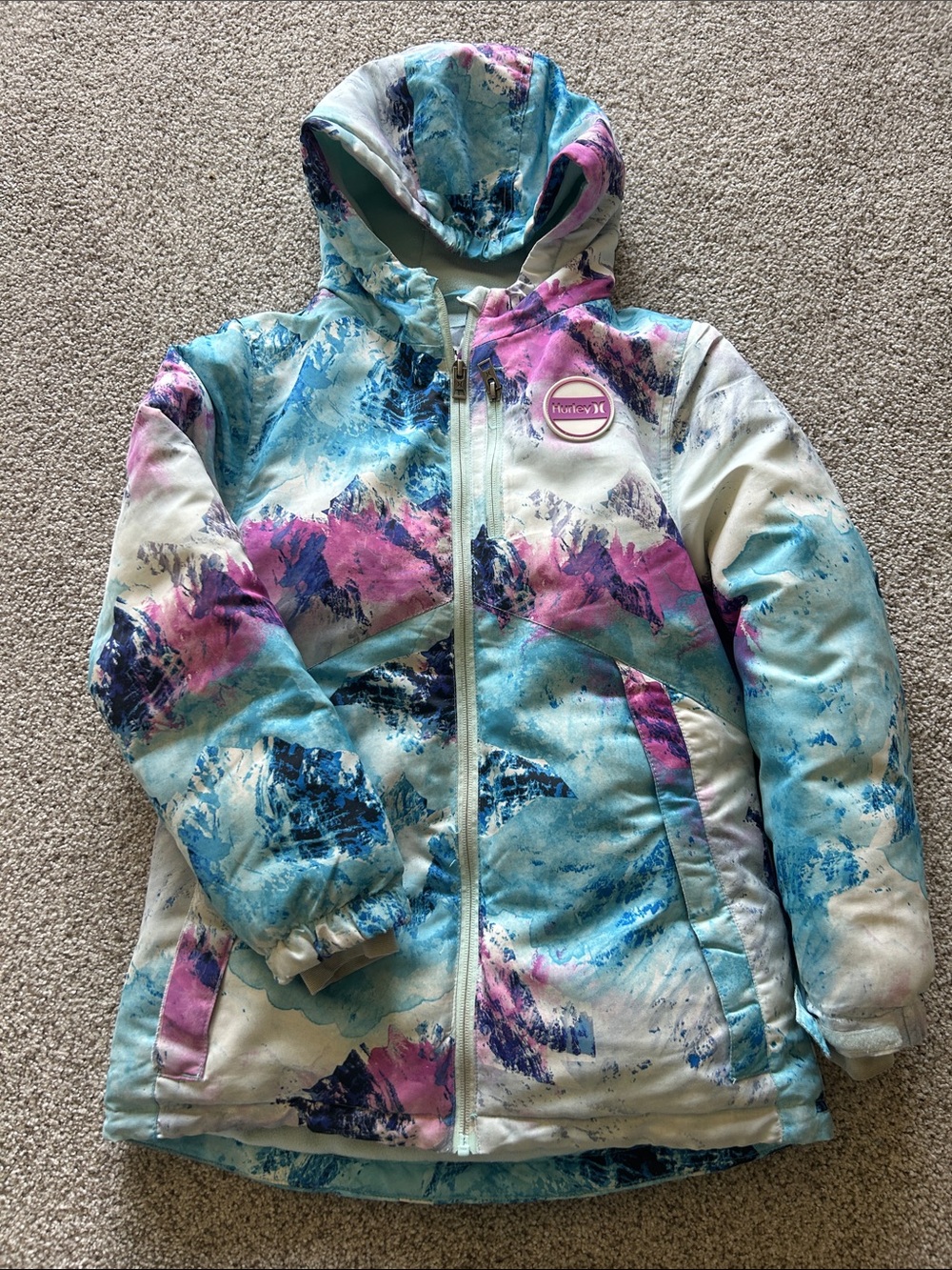 Youth Winter Jacket - Blue & Pink Mountain Print